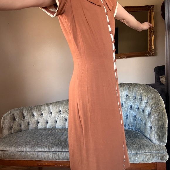 1940s brown linen a line midi dress decorative button front vintage medium - Picture 6 of 13